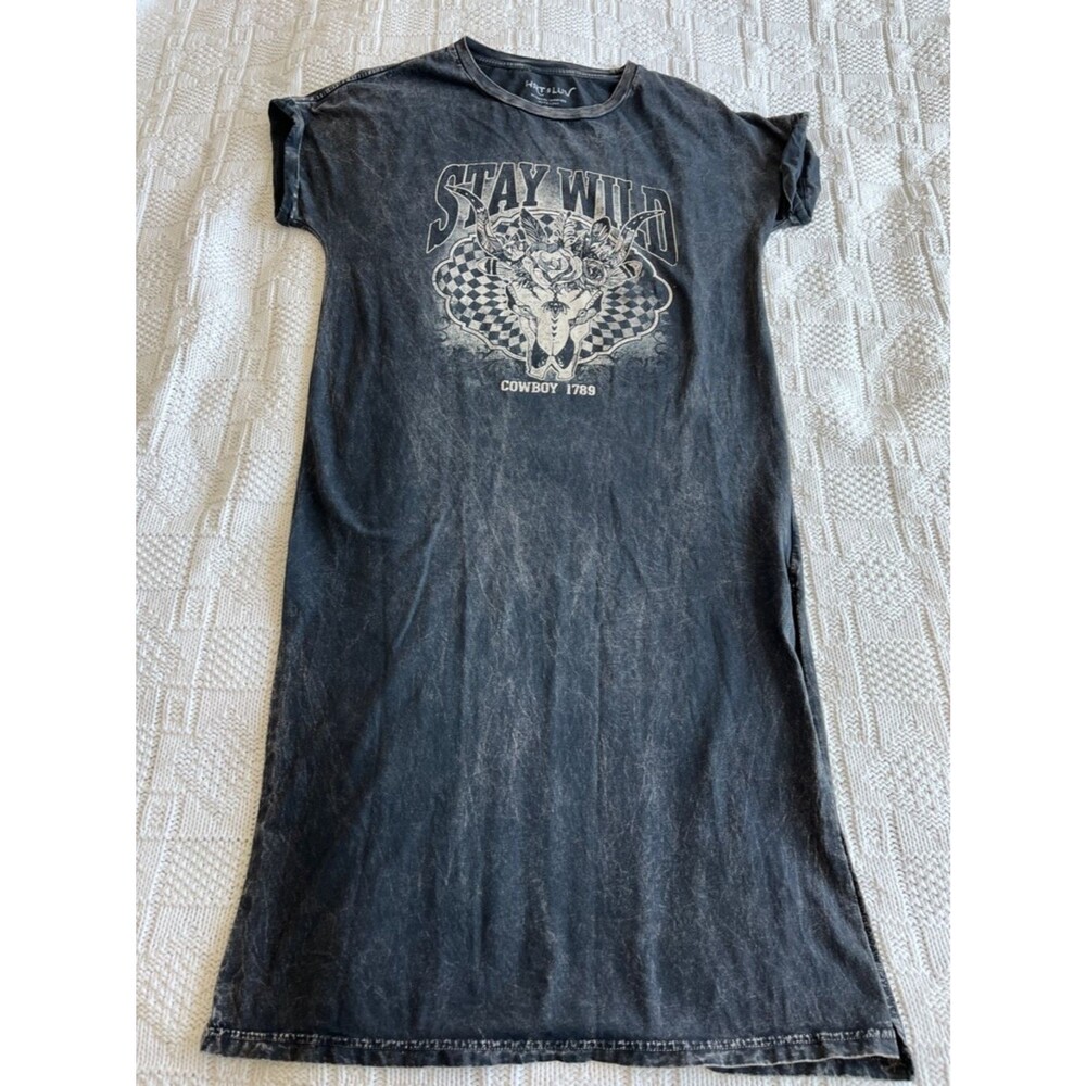 Hrt & Luv Long Horn Western Short Sleeve Mineral Washed T Shirt Midi Dress Sz S